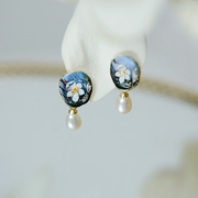 绘间手绘海棠-花瓣耳钉，法式礼物日常百搭蓝色耳环耳夹