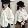 女童衬衫2024春季韩版绑带白色长袖，衬衫开衫打底洋气儿童上衣