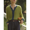 法式复古绿色针织衫女秋季撞色镂空软糯长袖开衫很仙的马海毛毛衣