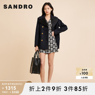 SANDROOutlet女装法式简约翻领双排扣深蓝色大衣外套SFPOU00360