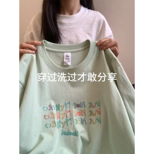 日系复古薄荷绿短袖T恤女春夏2024设计印花宽松纯棉上衣