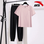 安踏短袖套装女粉色速干气质跑步长裤运动服洋气百搭外穿两件套女