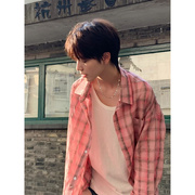 vintage美式粉色格子衬衫男高级感夏季薄防晒衬衣外套少年感穿搭
