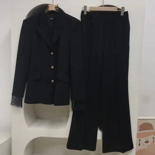~黑色蕾丝领修身高级感套装通勤时尚设计感西装外套+微喇裤