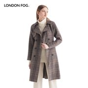 伦敦雾女装秋冬外套翻领双排扣插肩袖长款双面格子花呢大衣风衣女