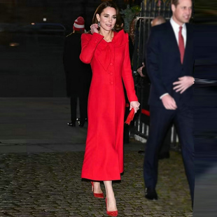 王妃同款2023欧洲站高端气质红色蝴蝶结修身连衣裙大衣优雅设计感