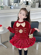女童猫咪毛衣配蓬蓬半身，tutu裙长袖年服生日，秋冬套装酒红色公主裙
