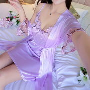 冰丝睡裙两件套女夏季蕾丝性感吊带裙，中袖睡袍仙女花朵睡衣家居服