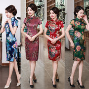 大码春夏款短袖旗袍新中式中国风印花短裙修身包臀连衣裙复古女装