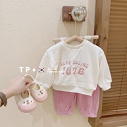 女童韩版纯棉卫衣卫裤两件套秋款儿童，纯色字母粉色休闲套装洋气