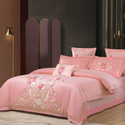 结婚庆全棉家纺四件套纯棉，大红粉色绣花被套罩床单婚房新中式床品