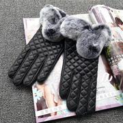 高档真皮手套獭兔毛口，羊皮手套女式士，时尚手套菱格触摸屏手套
