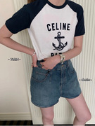 欧美23夏季 海军藏青复古优雅 立体植绒撞色短袖圆领T恤女