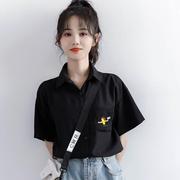 韩国2024夏季卡通印花黑色短袖衬衫女雪纺衬衣宽松polo领上衣