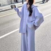 韩版慵懒风运动服套装女秋冬时尚简约拉链针织毛衣开衫休闲两件套