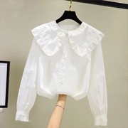 女童春秋衬衫2023韩版洋气长袖白衬衫儿童蕾丝娃娃领打底上衣