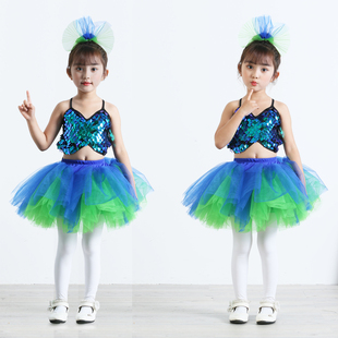 六一儿童演出服蓬蓬纱裙亮片，幼儿园舞蹈表演服女孩公主，裙红黄绿色(黄绿色)
