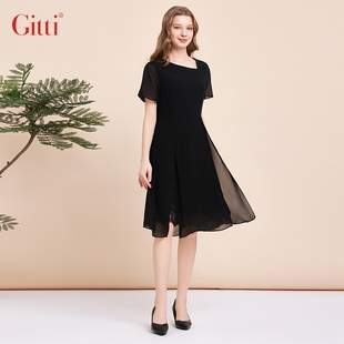 Gitti/吉蒂夏季蕾丝花边拼接雪纺修身收腰短袖连衣裙 G241291