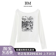 BM Fashion漫画人物印花卷边bm白色一字领长袖T恤女辣妹内搭上衣