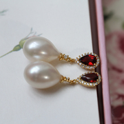天然红石榴石淡水珍珠水滴，耳环强光米形珍珠，项链锁骨链彩宝套装