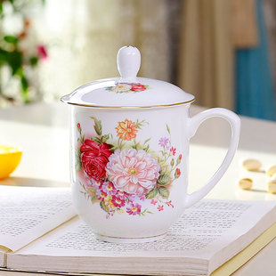 唐山骨瓷杯子陶瓷茶杯带盖马克杯，女办公室水杯大牡丹花，结婚泡茶杯