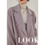 紫色101801羊绒大衣女立绒中长款加厚牛角双排扣羊毛呢外套2023冬