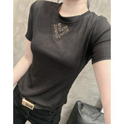 夏网纱蕾丝圆领短袖T恤女欧货字母时尚修身弹力黑色半袖上衣