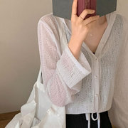 时尚起义韩国甜美亚麻棉透气镂空花纹，防晒开襟衫gm23071006