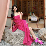 新中式新娘婚礼晨袍连衣裙，结婚晨拍玫红色高级感小众晚礼服度假裙