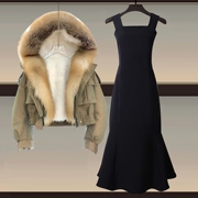 大码女冬装职业套装胖mm显瘦遮肉加绒大毛领棉衣外套连衣裙两件套