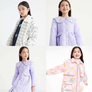 安奈儿童装女童中长款棉衣，2022冬季大童娃娃，翻领棉服加厚外套