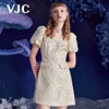 VJC/威杰思女装秋冬法式油画印花连衣裙泡泡袖高腰裙