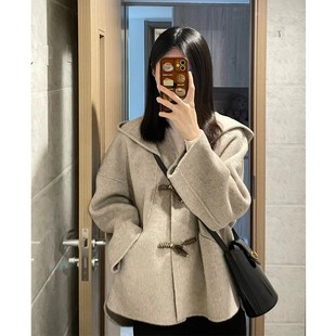 日本SLY 牛角扣短款毛呢大衣女冬季高级感连帽小个子外套