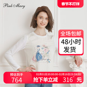 Pink Mary/粉红玛琍长袖棉T女2023秋季时尚复古印花上衣PMAMW1501