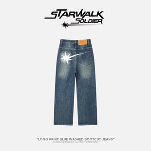 starwalksoldier星星印花作旧牛仔裤女潮宽松个性，设计感阔腿裤