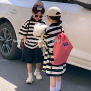 韩系童装女童宽松polo条纹连衣裙夏季男童衬衫领T恤兄妹套装