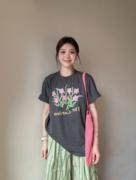 大码胖mm韩版卡通印花短袖上衣条纹半身长裙女设计感夏季休闲套装