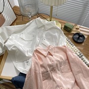 双口袋衬衫女韩国复古翻领，宽松显瘦短款百搭粉色，减龄工装上衣衬衣
