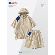 NASA短袖套装男夏季冰丝弹力运动卫衣连帽痞帅宽松休闲两件装