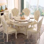 欧式餐桌椅组合大理石圆桌，带转盘6人8人家用实木雕花豪华圆形饭桌