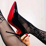 黑色红底高跟鞋2023春季超高跟尖头细跟气质，性感黑丝百搭单鞋