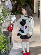韩版童装2024春款女童可爱宽松小猫咪针织马甲背心衬衫高腰百褶裙