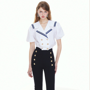 eimismosol2024夏季海军风，双排扣衬衫，金属双排扣喇叭裤木兰