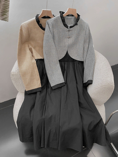 1.3斤秋季韩系淑女两件套短款外套无袖，连衣裙套装时尚休闲洋气k$3