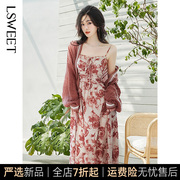 lsweet红色玫瑰印花油画，连衣裙女夏季法式高腰显瘦吊带长裙两件套