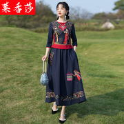 民族风大码女装中式唐装，套装复古棉麻，绣花五分袖上衣半身裙两件套