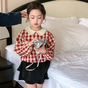 韩国女童红格子衬衫，长袖2024春季儿童娃娃，衫衬衣洋气时髦上衣