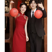 红色旗袍敬酒服新娘，小个子2024中式结婚订婚礼服裙女无袖夏季