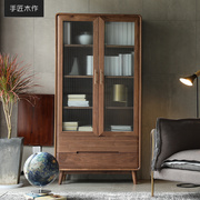 北欧日式原木黑胡桃全实木玻璃门，置物柜带抽屉书架立柜杂志展示柜