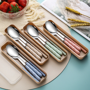 筷子勺子套餐便携餐具，三件套不锈钢叉子食品级，单人学生专用收纳盒